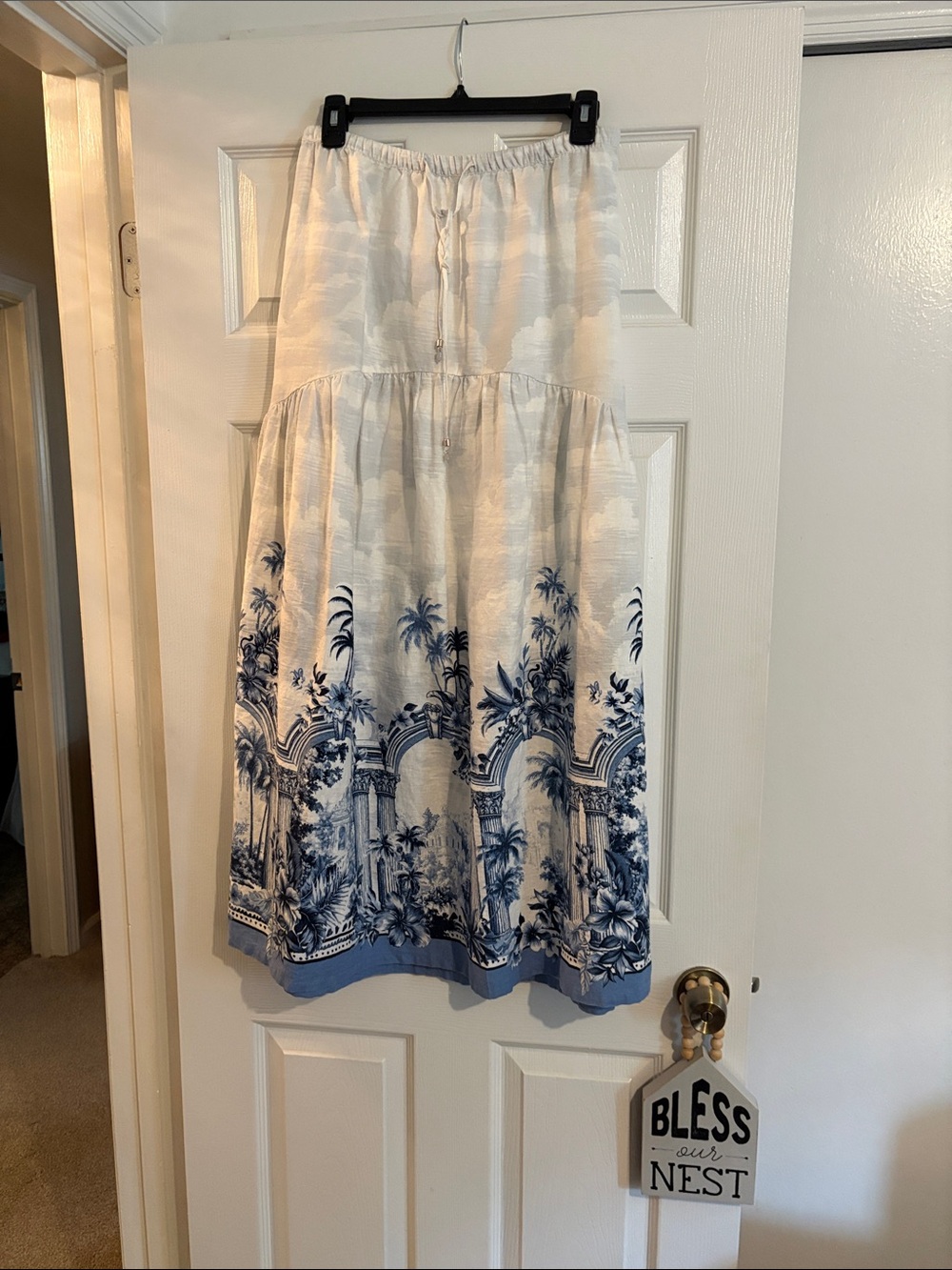 Rachel Zoe White Maxi Skirt with Blue Toile Border